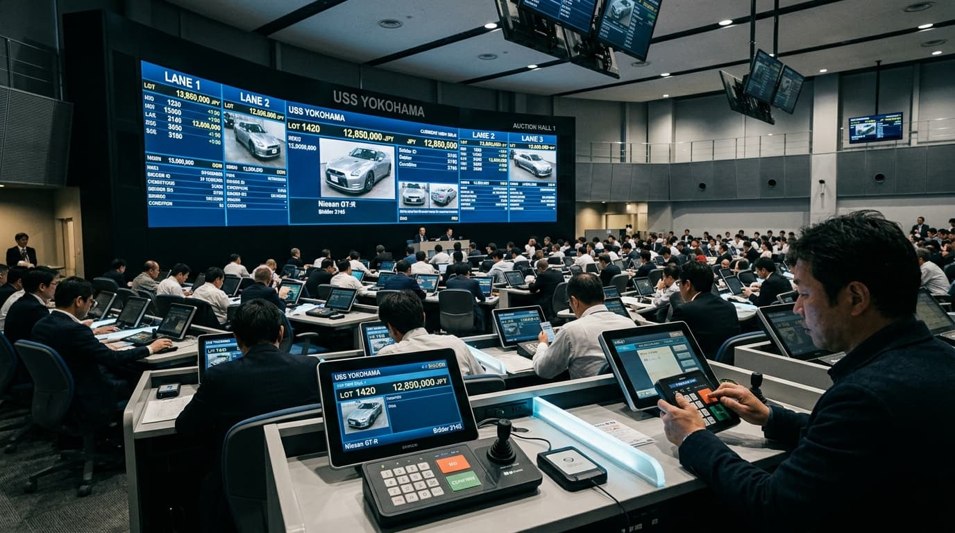 Live Japanese vehicle auction bidding hall at USS Yokohama with digital monitors