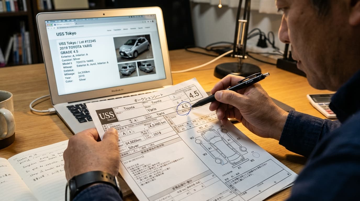 Japanese vehicle auction inspection sheet being translated and verified by exporter