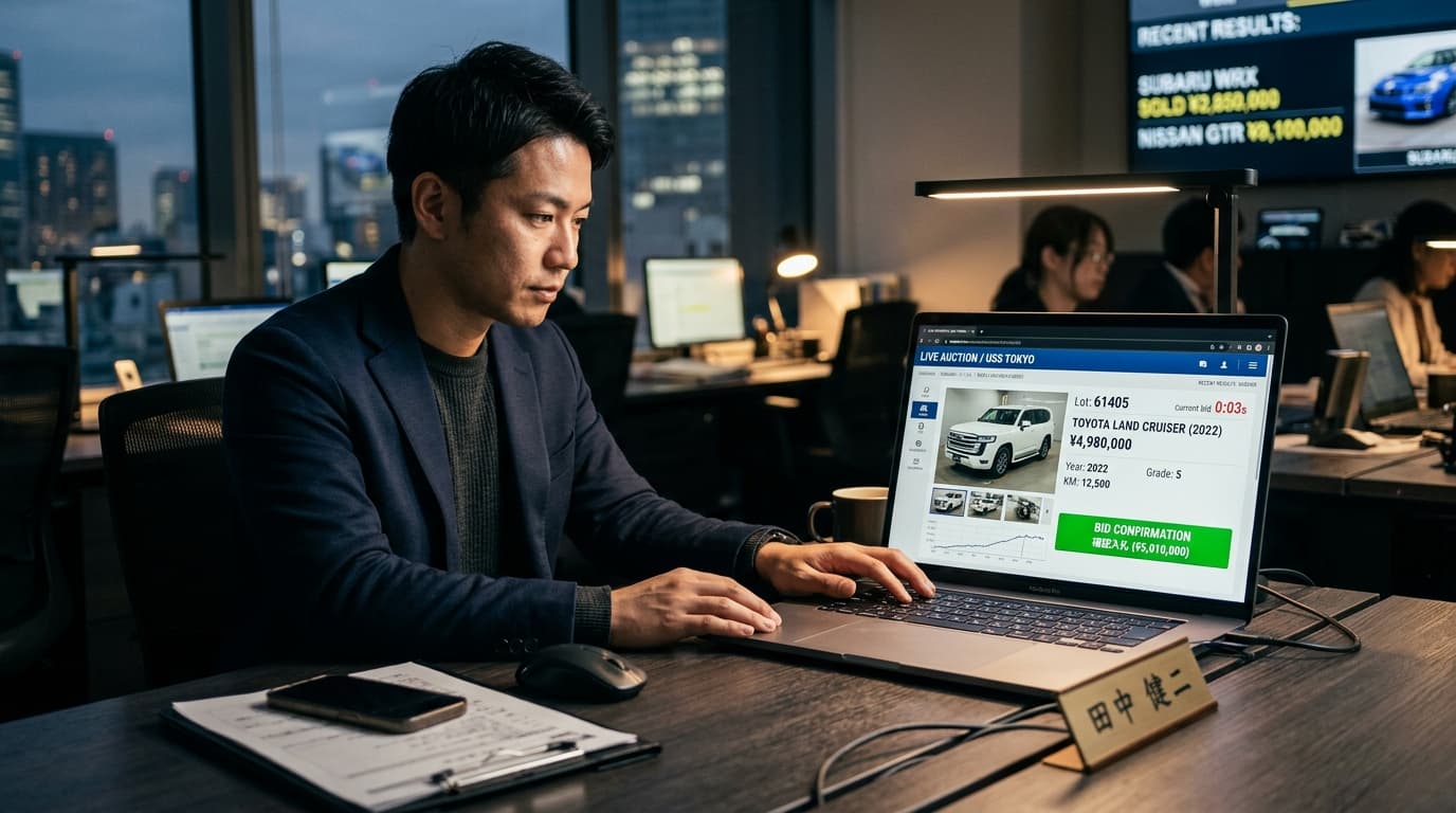 Exporter performing live proxy bidding on Japanese auction laptop interface