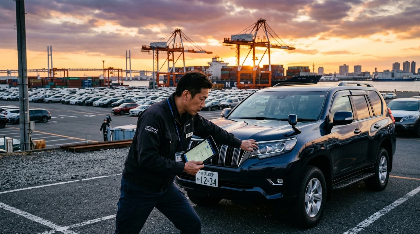 Japanese vehicle exporter inspecting Toyota Land Cruiser at Yokohama yard