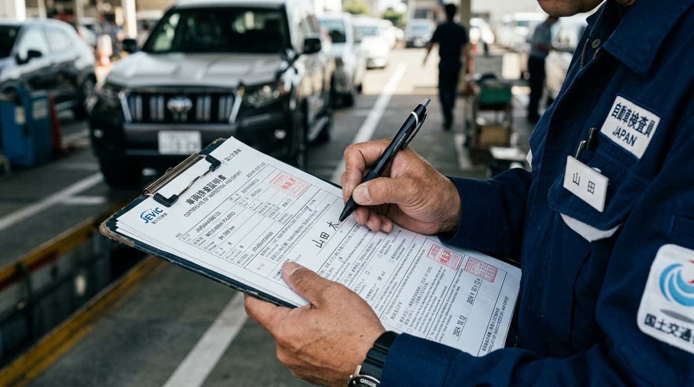 Inspector hand signing official Japanese vehicle inspection sheet