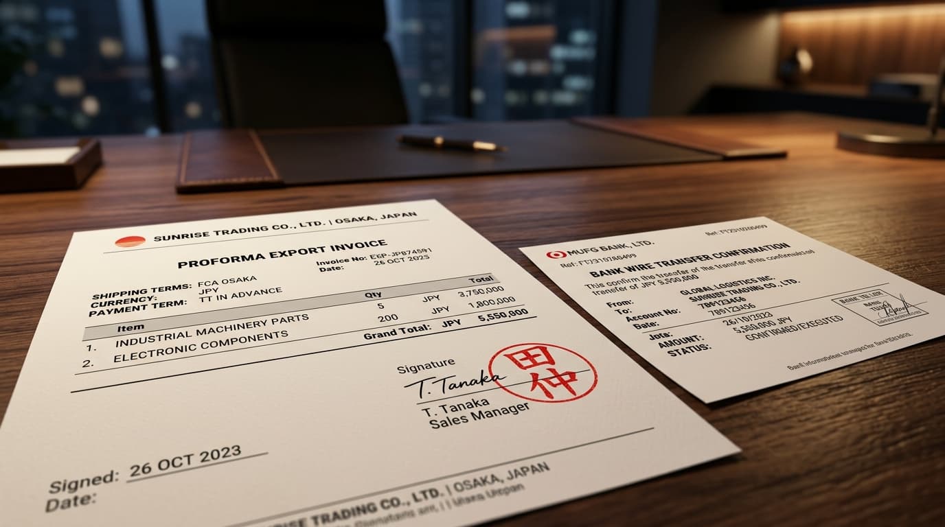 Official export proforma invoice with Japanese red Hanko stamp seal