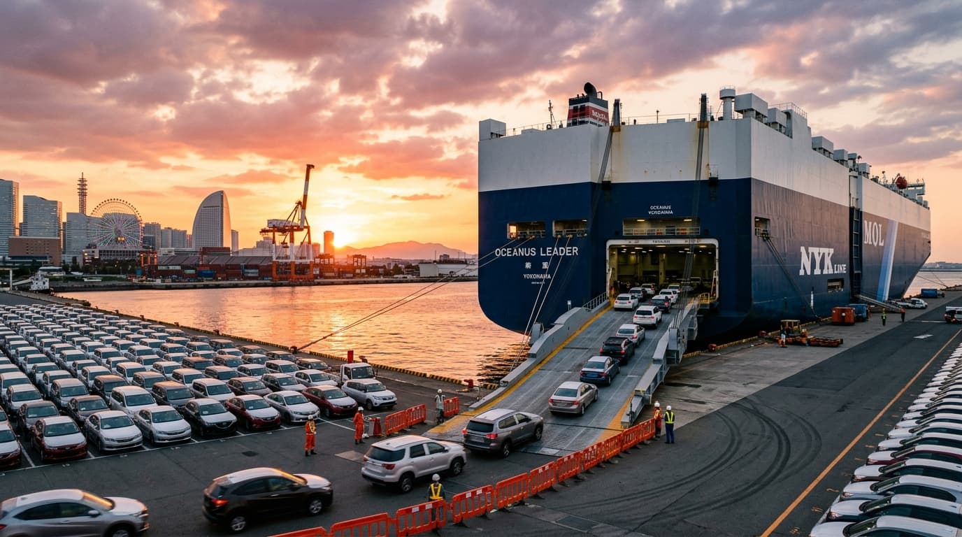 RoRo car carrier vessel ship loading vehicles at Yokohama port at sunset
