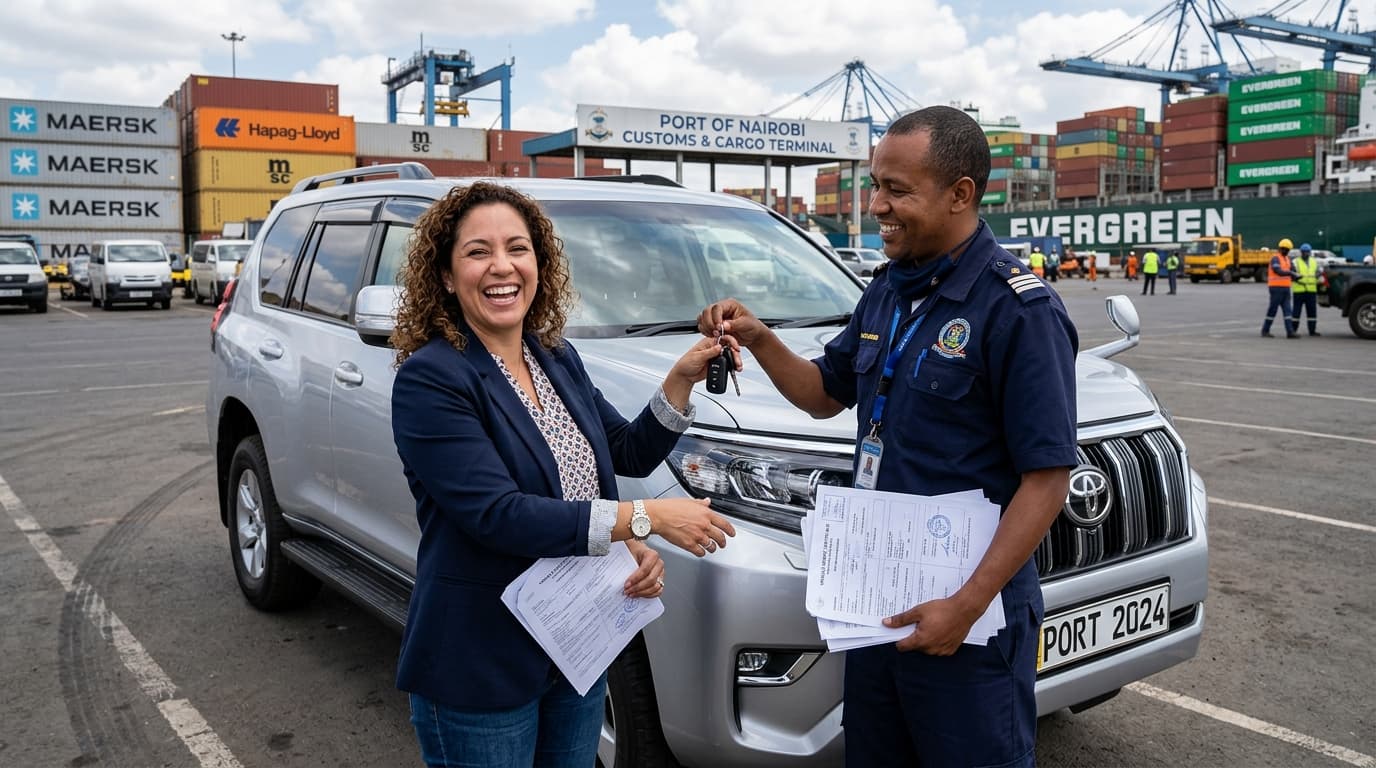 Customer receiving keys and export documents for imported vehicle at destination port